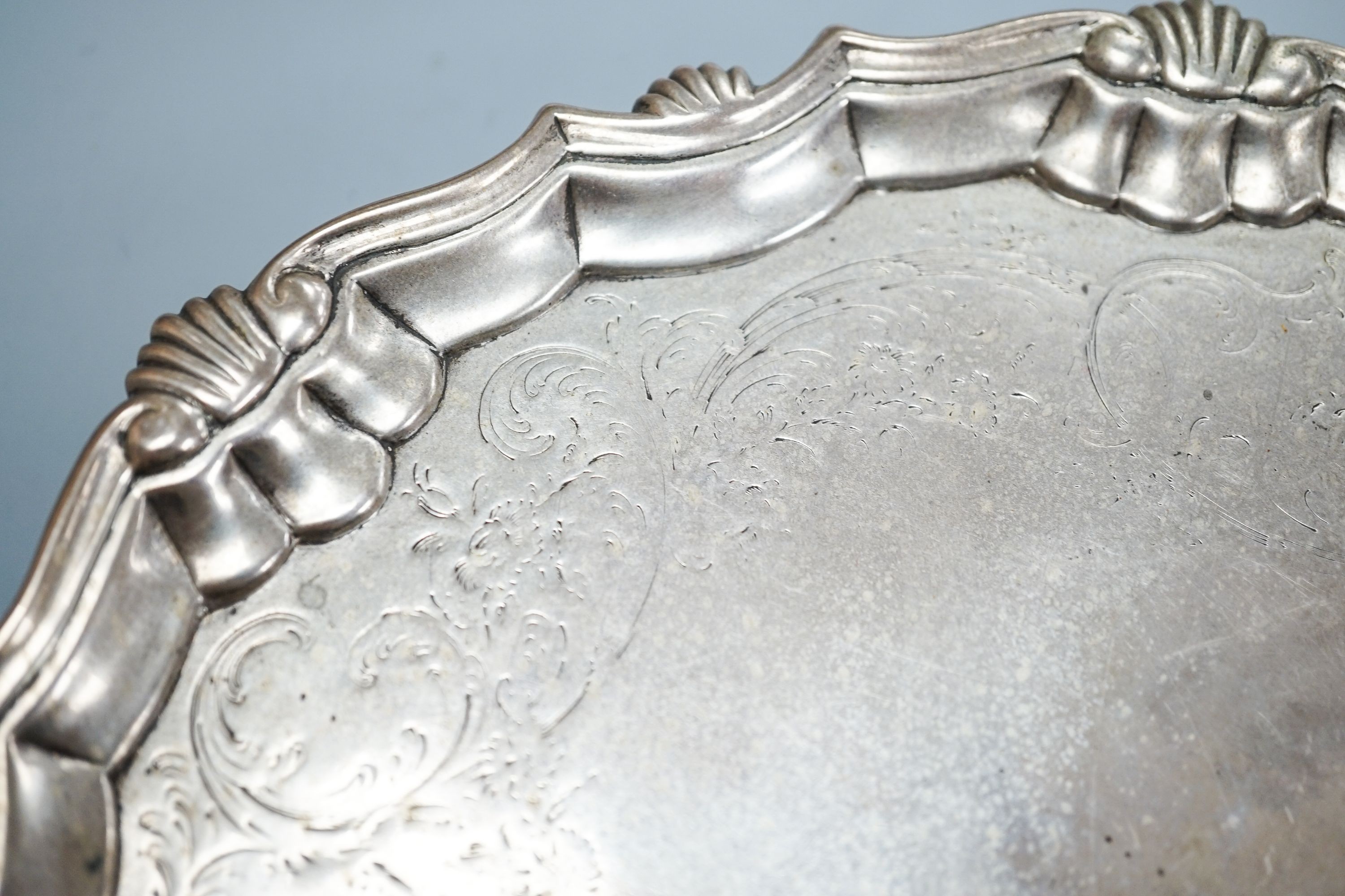 A George II silver waiter, with later engraved decoration, Robert Abercrombie, London, 1739, 20.7cm, 12.5oz.